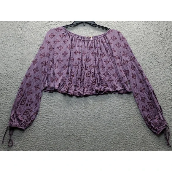 Free People Crop Top Women's M Multi Geometric Balloon Sleeve Pleated Round Neck