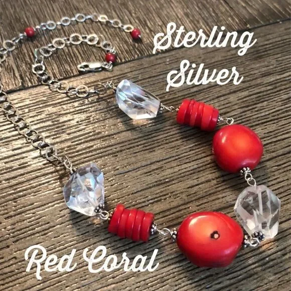 Vintage Sterling Red Coral & Cut Crystal Necklace