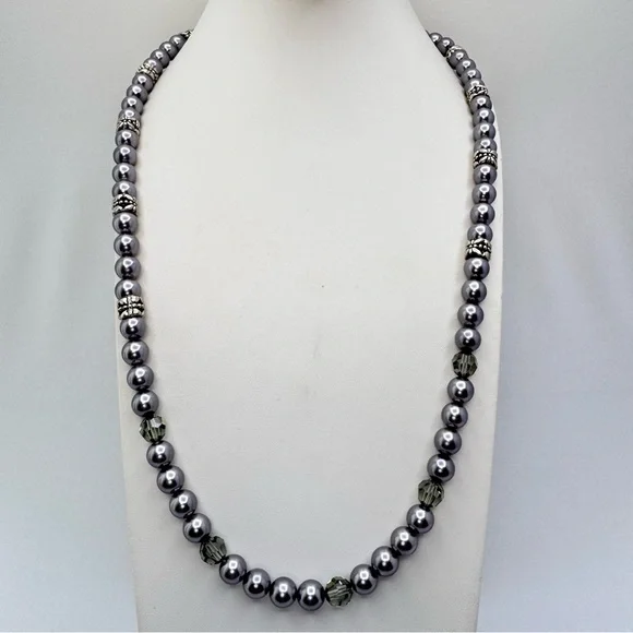 Gray Glass Pearl Necklace Crystal Beads Silver Spacer Statement Necklace Beaded