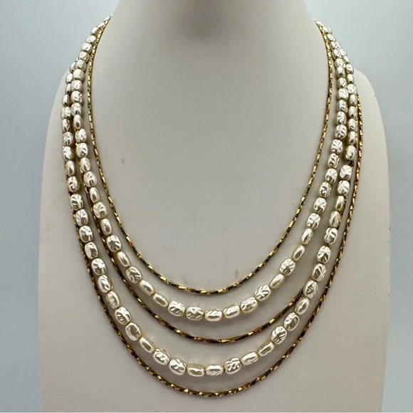 Elegant Vintage Multi Strand Faux Pearl Gold Tone Necklace Layered