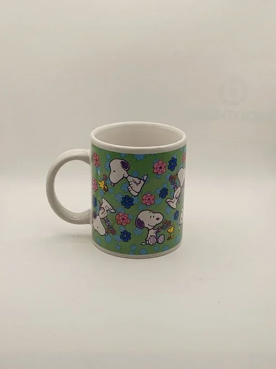 Peanuts Snoopy & Woodstock Ceramic Coffee Mug Stop To Smell The Flowers Green