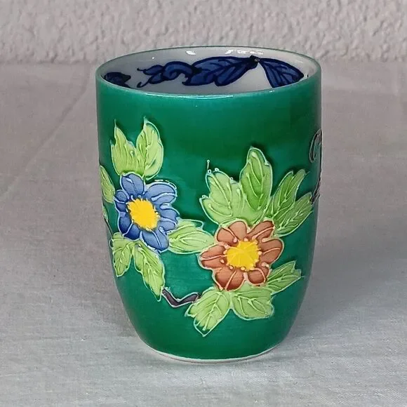 Japanese Kutani Ware Ceramic Teacup Yunomi Emerald Green Heavy Glaze 3