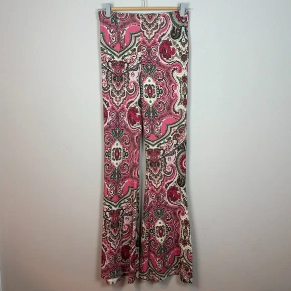 Free People‎ Harper Pink Paisley Flare Stretch Pull on Pants Womens Small 70's