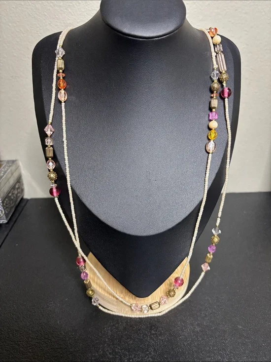 Cream Multicolor Beaded Layered Long Necklace Glass Acrylic Boho Beach