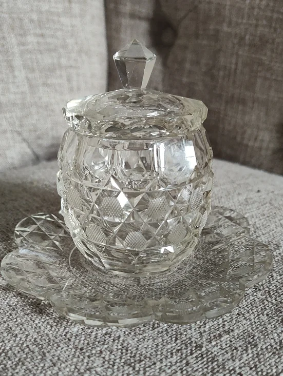 Vintage Austrian Clear Crystal Sugar Bowl with Lid and Matching Saucer Tea Caddy