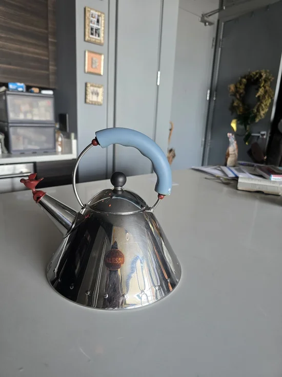 Stainless Steel 9093 Tea Kettle with Blue Handle and Red Bird Accent