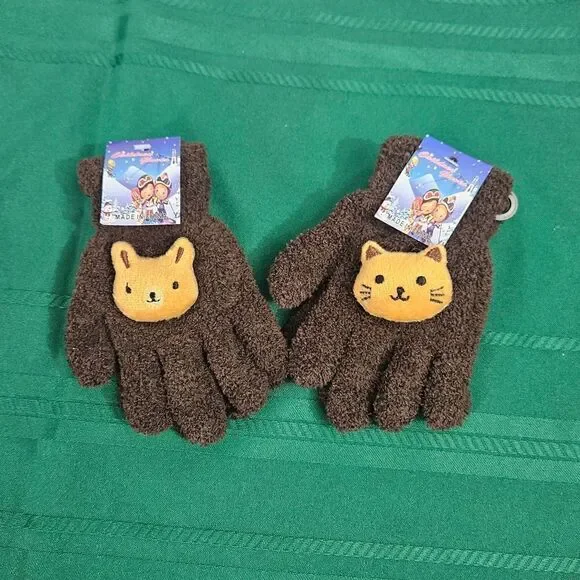 2/$15 2 Pairs Brown Kids Mittens with Animal Design