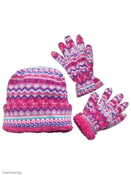 Kids Fleece Winter Hat and Gloves Set Sherpa Lined