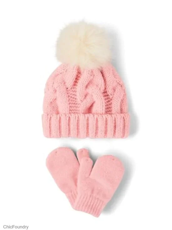 Toddler Winter Hat and Mittens Set with Pom Pom Cable Knit