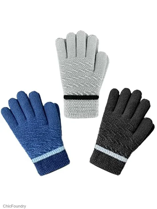 3 Pairs Knit Winter Gloves with Fleece Lining for Kids