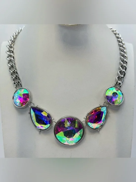 Silver Tone White AB Crystal Statement Necklace Iridescent Bib Glam