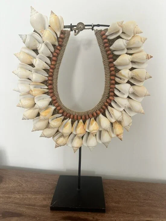 Handmade Tribal Shell Necklace Sculpture on Stand | Boho Coastal Decor