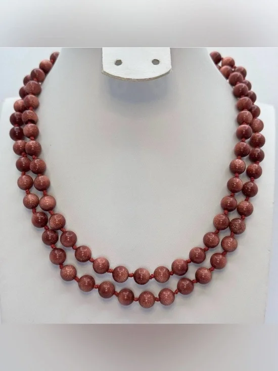 Goldstone Beaded Necklace Long Brown Sparkle Gemstone Strand Boho Statement