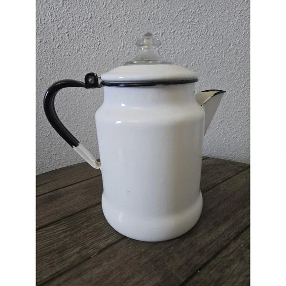 Vintage White & Black Enamelware Coffee Pot Percolator Camping Farmhouse Retro