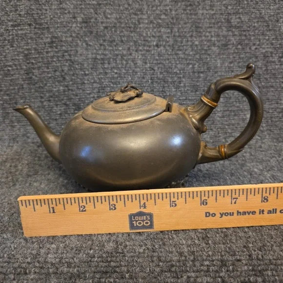 Vintage Metal Teapot Brown‎ Floral Hinged Lid Bamboo Handle Decor Traditional