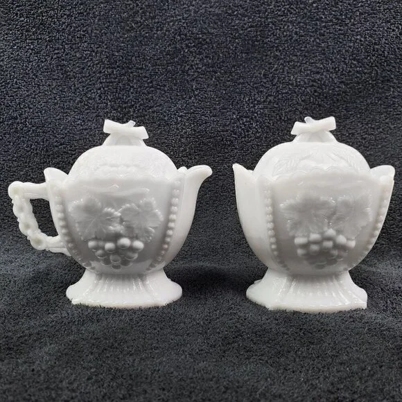 Westmoreland Milk Glass Creamer and Sugar Set Lidded Vintage “Cherry & Grape”