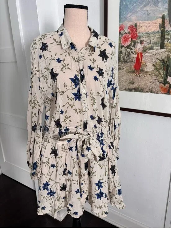 Free People Cream Mini Dress with Blue & Black Floral Print