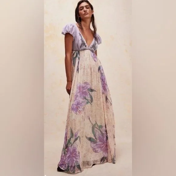 Free People Colette Velvet Embellished Sequins Embroidered Maxi Dress size 8