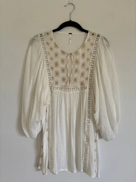 Free People Charlotte Swiss Dot Tunic Dress Small Ivory Embroidered Peasant Mini