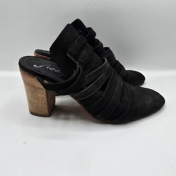 Free People Byron Mules Black Suede Leather Strappy Clog Heels‎ Size 38