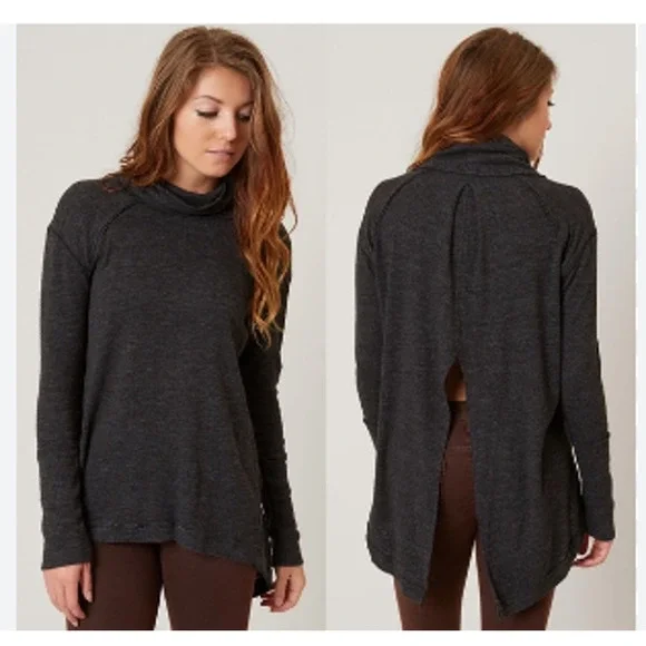 We The Free Free People Split Back Cowl Turtle Neck‎ Thermal Top Dark Grey Small