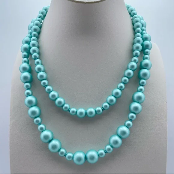 Sterling Silver knotted Double Strand Turquoise Faux Glass Pearl Necklace