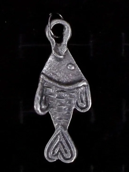 Vintage aged silvertone carved fish pendant + free 16” cord necklace
