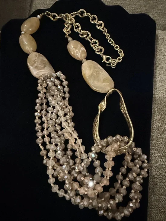 Multi-Strand Beige Beaded Statement Necklace