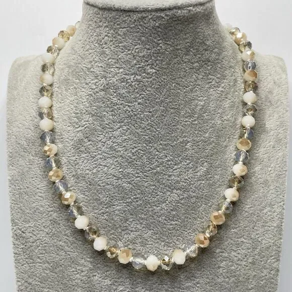 Stunning Cream Beige Glass Rondel Beaded Knotted Necklace Boho Fashion Statement