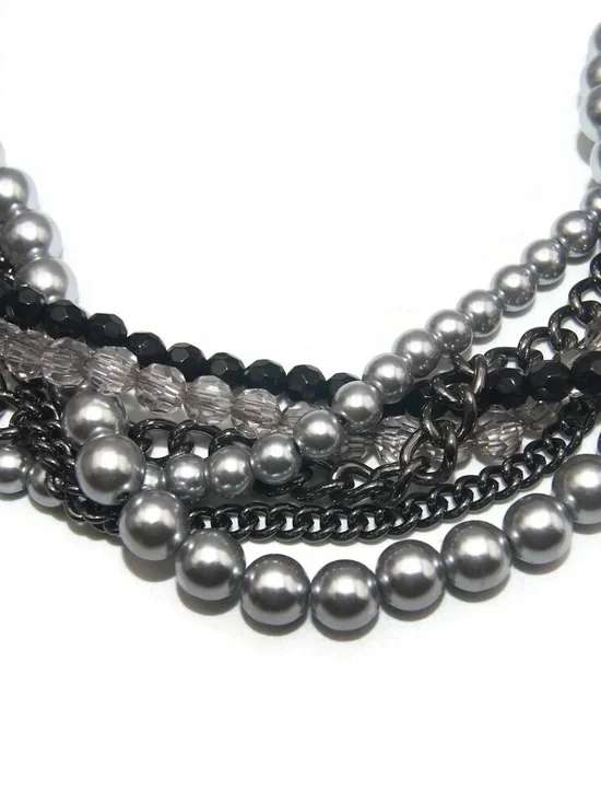 Premier Designs Multi-Strand Silver/Black & Pearl Necklace & Bracelet Set