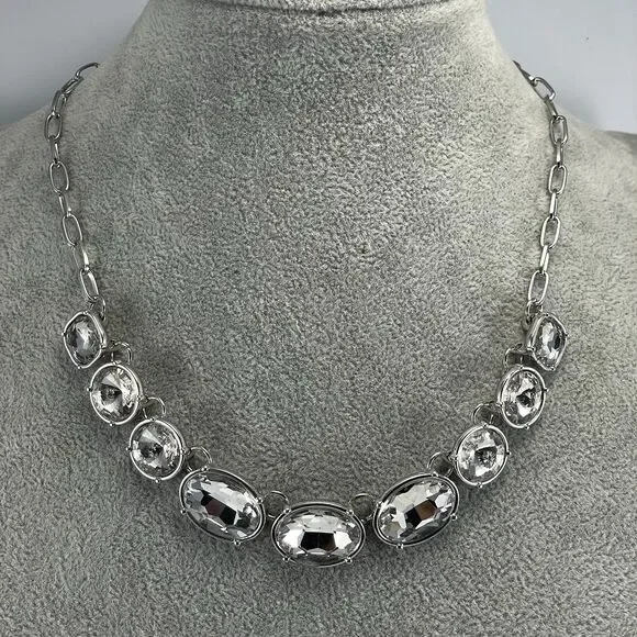 Silver Tone White Glass Rhinestone Collar Necklace Statement Bling Elegant