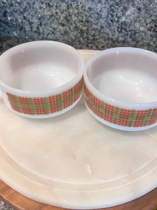 Glasbake J-2711 Red Green Plaid Milk Glass Soup Mugs Set of 2 USA