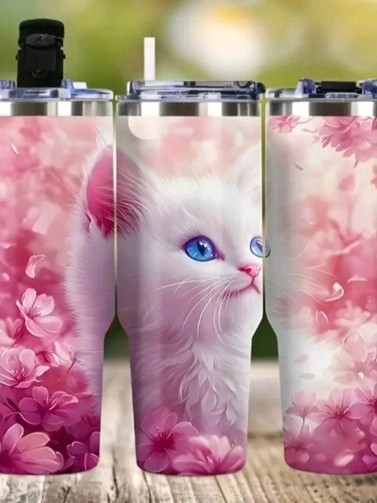 Pink Floral Stainless Steel Cat Insulated Tumbler W/White Kitten Design. $38.00