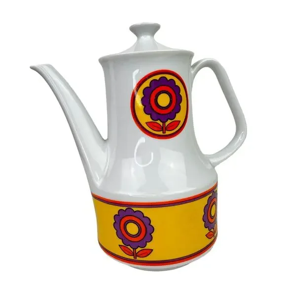 Vintage MCM Mid Century White Purpl Floral Lid Space Age Porcelain Coffee Teapot