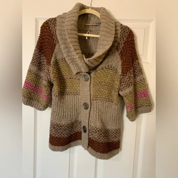 Free People Multicolor Chunky‎ Knit Sweater Cardigan, Brown and Tan, Size Large