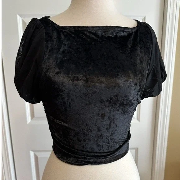 Free People JR Black‎ Crushed Velvet Puff Sleeve Cutout Back Crop Whimisgoth XS