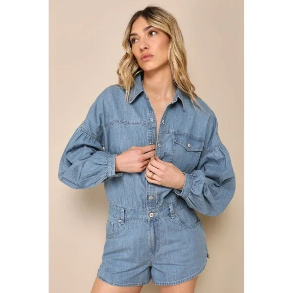Free People Zodiac Medium Wash Chambray‎ Balloon Sleeve Romper Small