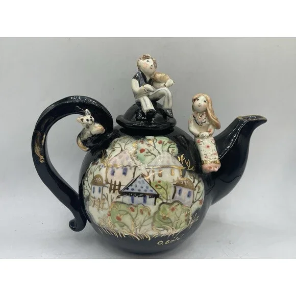 VTG Black Teapot Handpainted Signed O Gold w/ Ceramic Figures Boy Violin Cat +