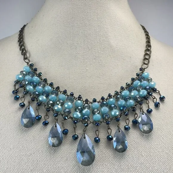 Antique Gold Tone Blue Glass Chainmail Statement Bold Boho Necklace Chandelier