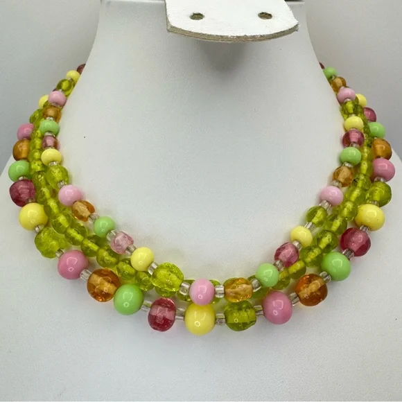 Vintage Japan Colorful Glass Bead 3 Strand Necklace Retro Statement Spring
