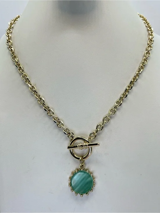 Gold Tone Faux Green Malachite Pendant Toggle Necklace Round Charm Statement