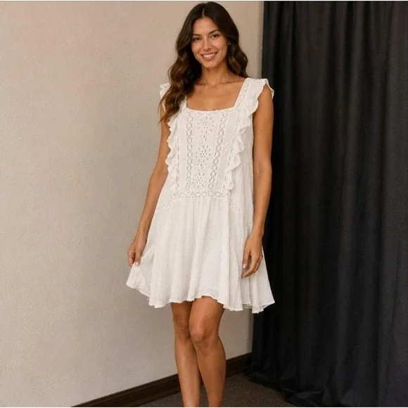 Free People Priscilla Ruffled‎ Crochet Trim Mini Dress Small  Boho Square Neck