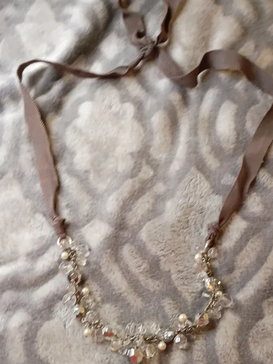 Taupe Ribbon Crystal & Pearl Necklace