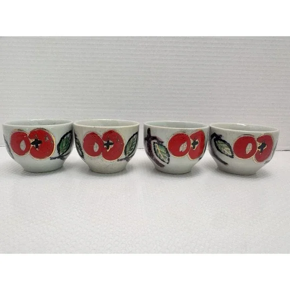 Vintage Otagiri Japan Persimmon Fruit Sake Tea Cups Kanji Calligraphy Set of 4