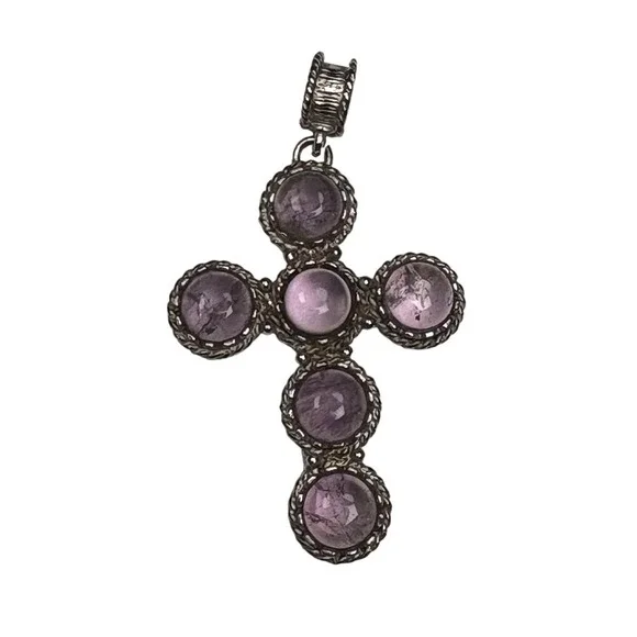 Silver‎ Tone Cross Pendant Necklace with Amethyst Cabochons