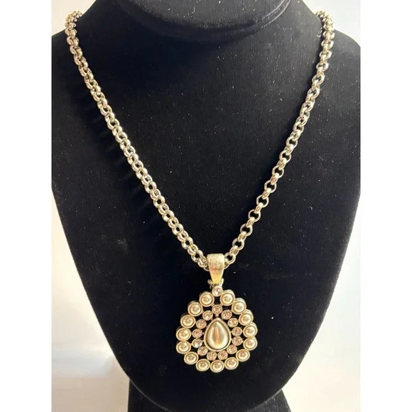 Pendant Necklace Silver Tone Faux Pearl Chunky Maximalist Boho Design‎