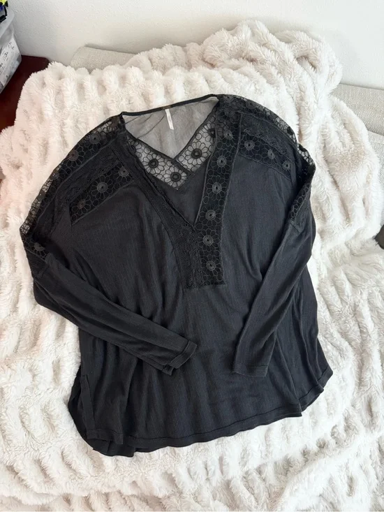 Free People V-Neck Long Sleeve with Crochet Lace Insets
