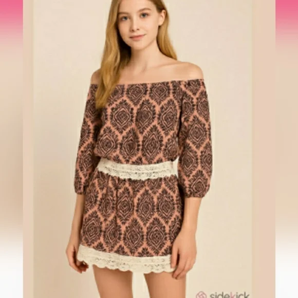 Free People Mini Dress 3/4 Sleeve Off  Shoulder Printed Black Coral Boho Small