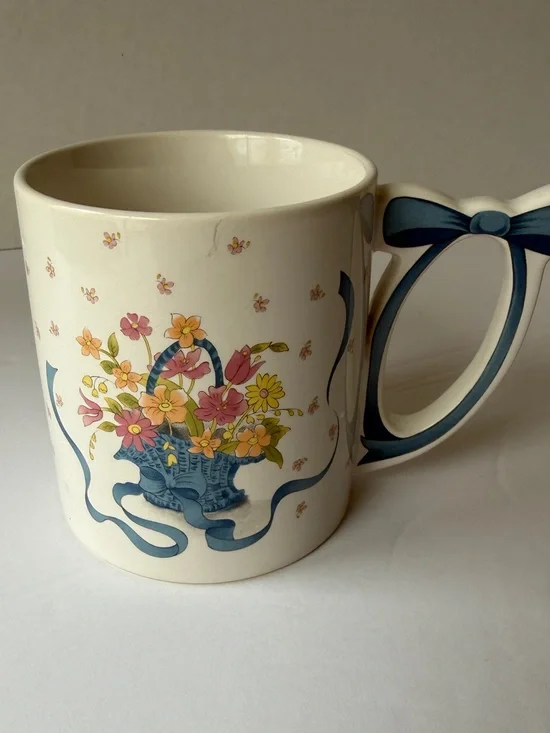 Floral Ribbon Ceramic Coffee Mug - Cream with Blue Accents