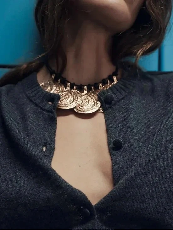 Zara Medallion Knotted Cord Choker Necklace on Leather Cord Golden
